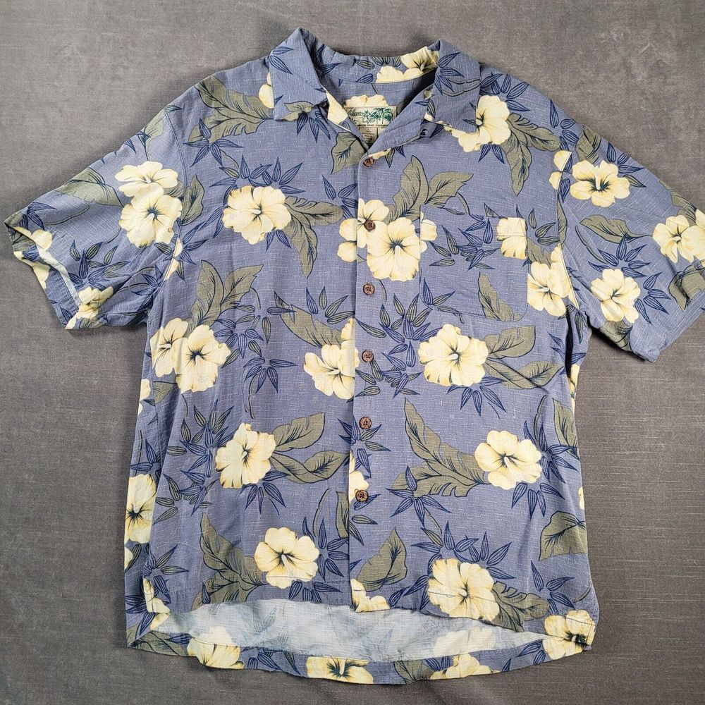 Havana Jacks Cafe Hawaiian Shirt Floral Blue Yellow Short Sleeve Mens Size Large